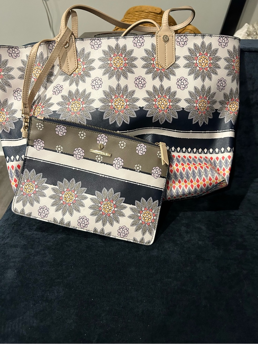 Floral Pattern Tote and Pouch Set - Navy & Cream
